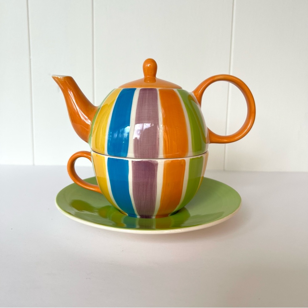 Vintage Hand Painted Cabana Stripes Tea For One Set Canhome Thailand